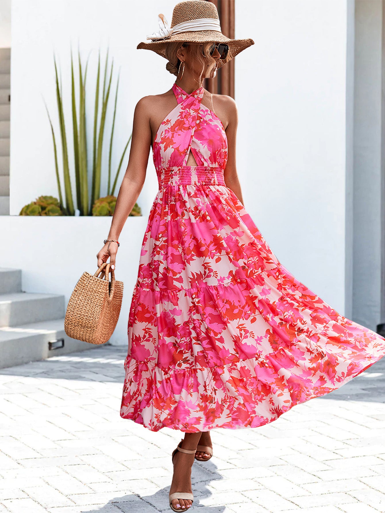 Robe d'impression à bretelles dos nu sexy printemps été