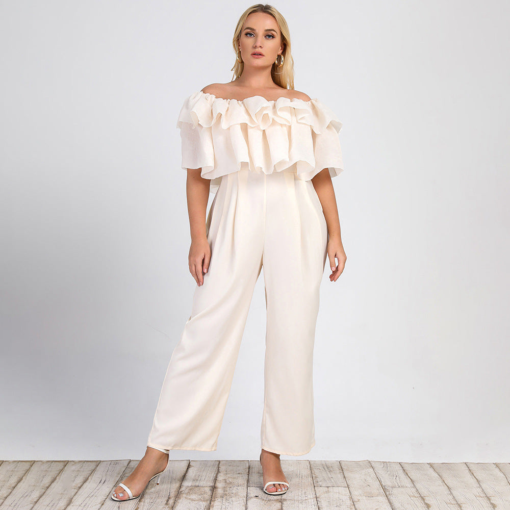 Grande taille femmes vêtements été nouveau Lotus Edge hors épaule solide jambe droite bureau pantalon décontracté combinaison