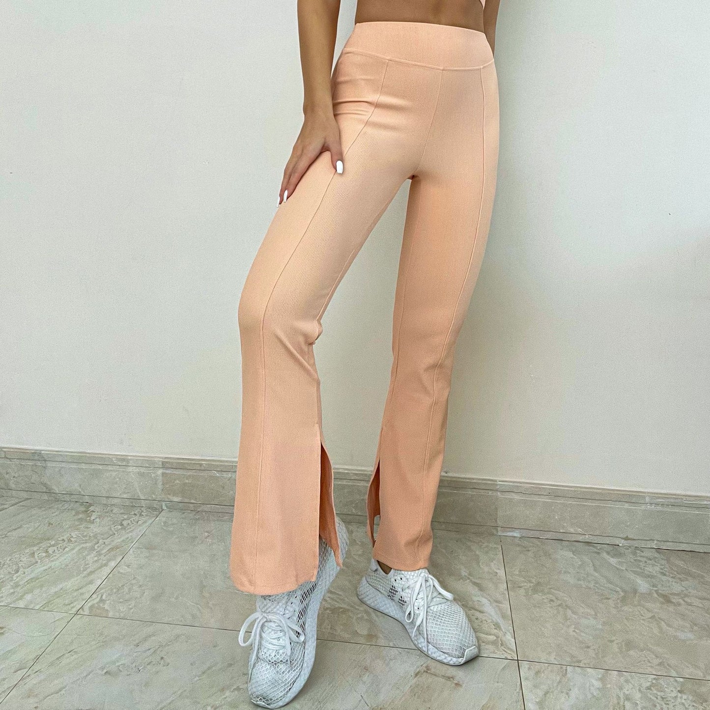 Yoga Clothes Rib Sports Bra Drawstring Long Sleeve Yoga Wear CrissCross Waist Head Yoga Pants Side Open Bell-Bottom Pants