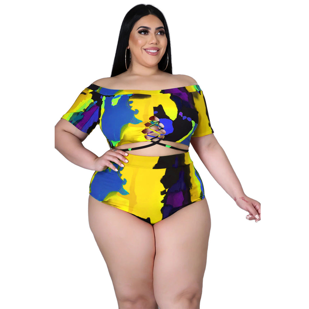 Plus Size Women Sexy Print Strap off-Shoulder Swimsuit Suit