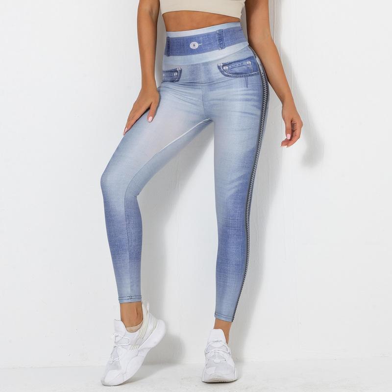 Nouvelle impression numérique Denim bleu serré haute élastique séchage rapide pantalons de yoga sport course pantalons de fitness pour les femmes