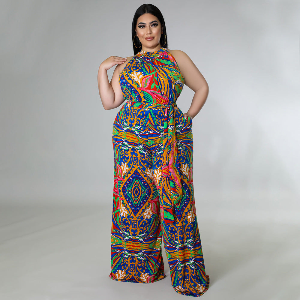 Vêtements pour femmes de grande taille imprimés à dos nu décontractés avec combinaison de ceinture