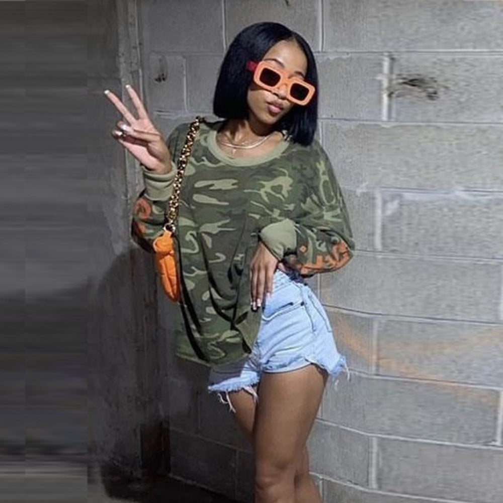 Nazada Clothing Camouflage Adhesive Cement Sexy Hollow Out Cutout Long Sleeved Street Top Women Clothing