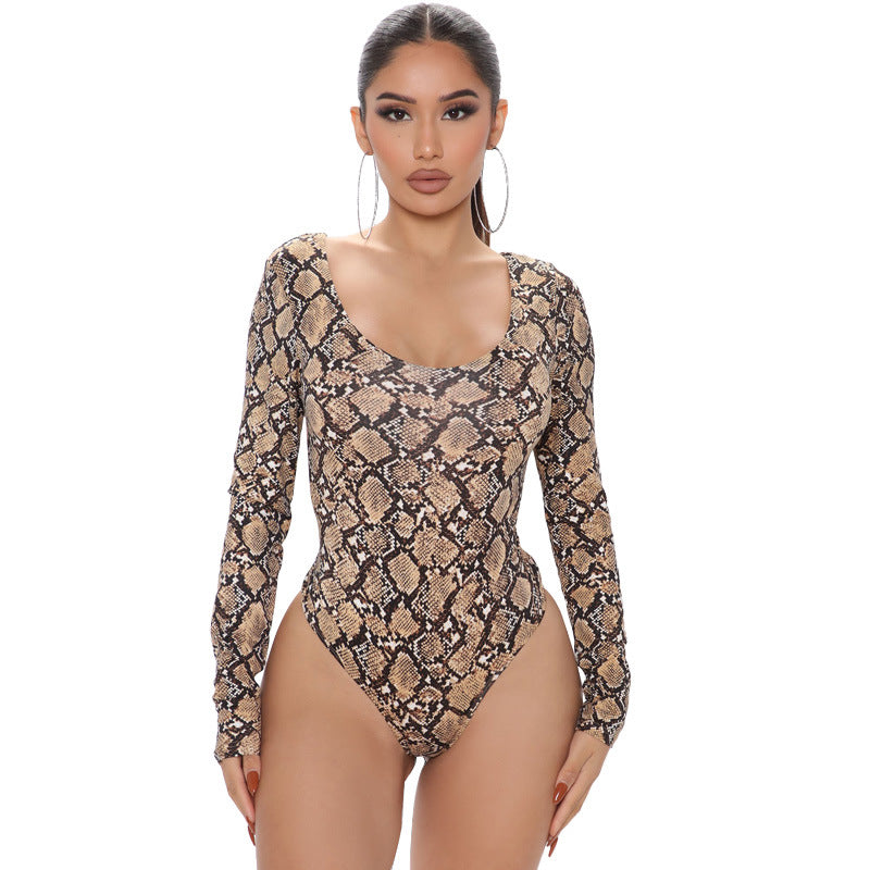 Plus Size Women Clothes Leopard Print Sexy Long Sleeve Jumpsuit