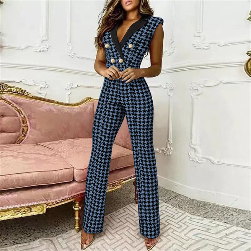 Printemps été femmes vêtements couleur correspondant bouton col en v sans manches pied-de-poule combinaison vêtements d'affaires pour les femmes