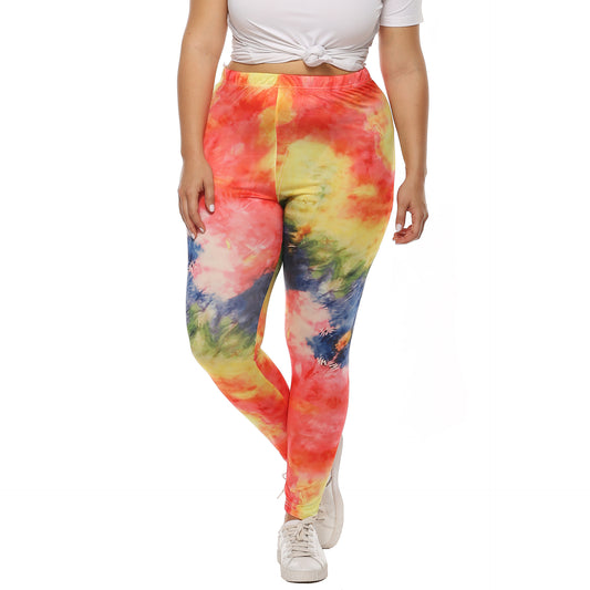 Plus Size Women Clothing Irregular Asymmetric Color Inkjet Printed Mid Waist Slim Fit Leggings Trousers