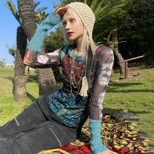 Round Neck Pullover Long Sleeve Mesh Printed Casual Women Clothing Top