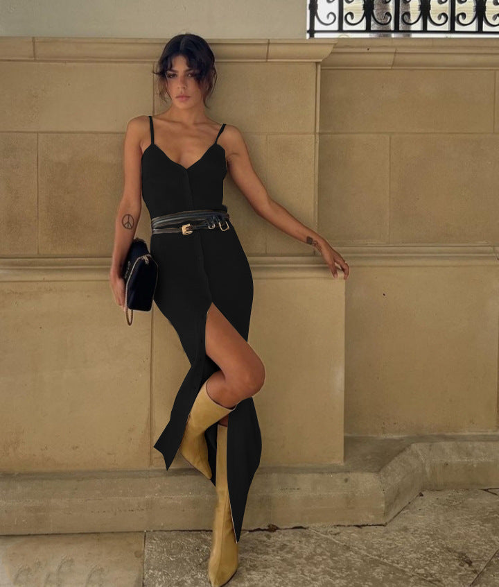 Spring Summer Single-Breasted V-neck Sexy Sling Front Slit Slim Dress