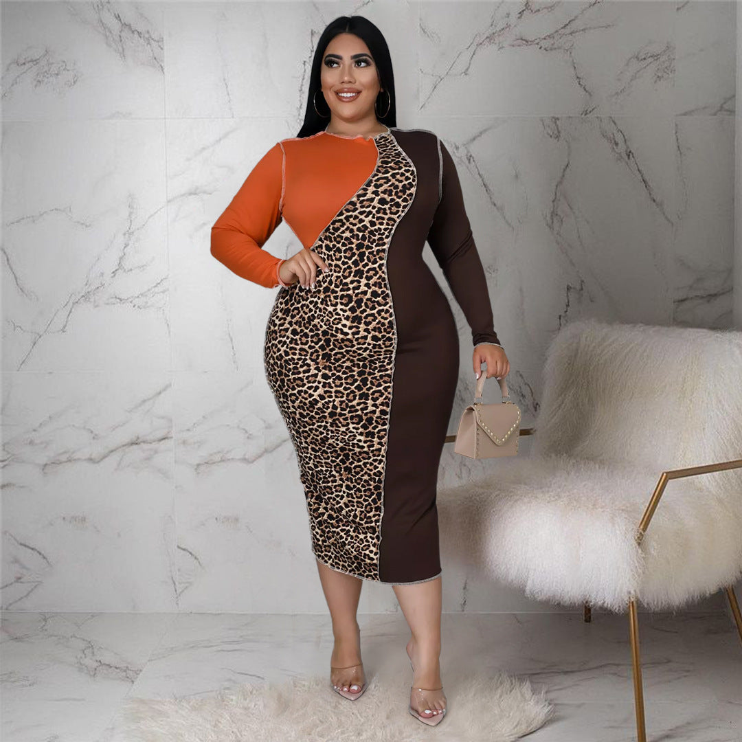 Plus Size Fashion Women Nightclub Uniforms Reverse Car Side Leopard Splicing Contrasting-Color Dress