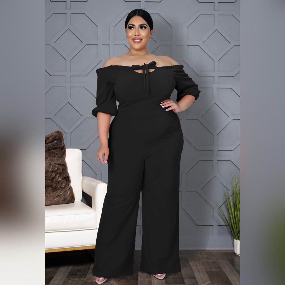 Combinaison à jambes larges et à bretelles de couleur unie de grande taille pour femmes
