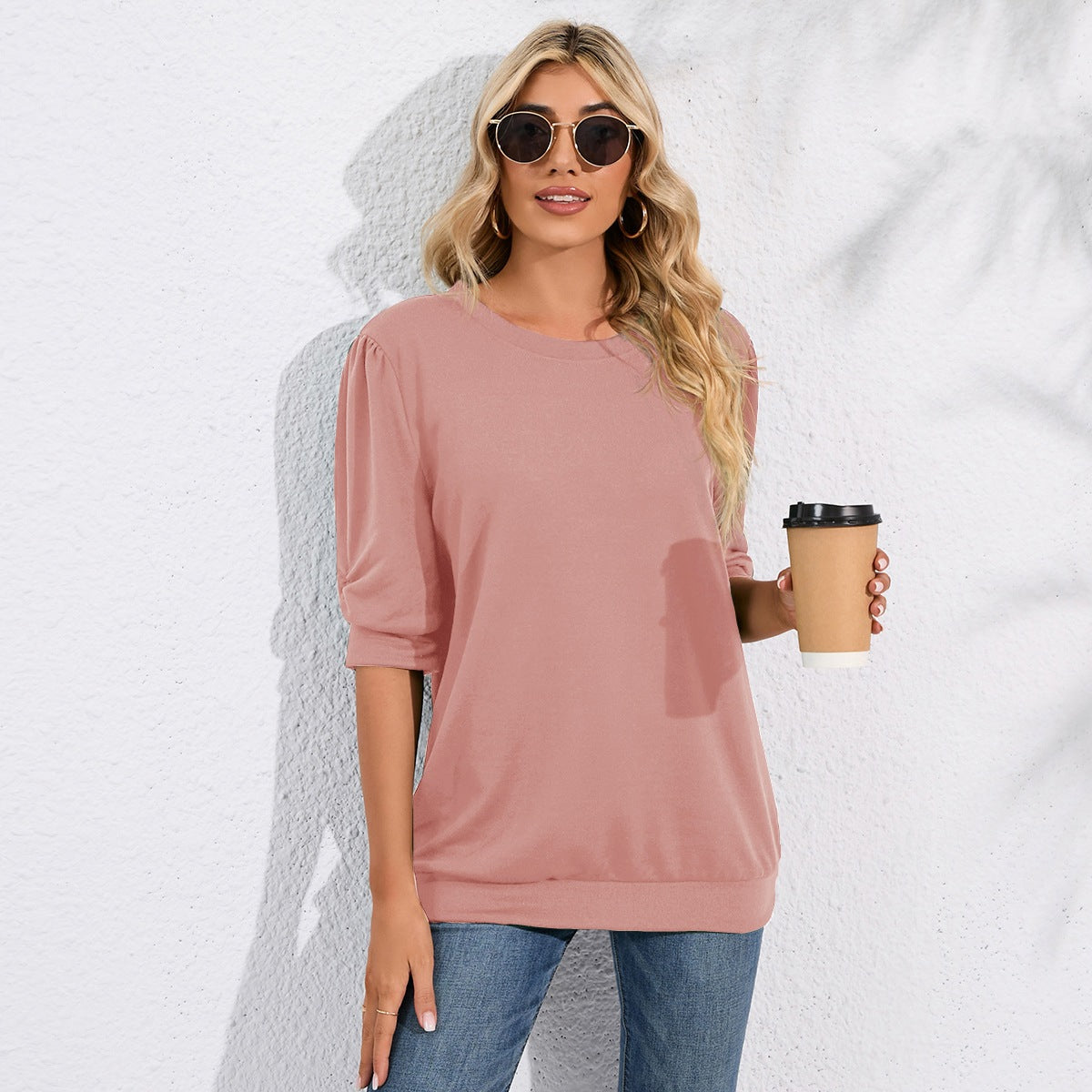 Solid Color Half Sleeves Knitwear Round Neck Puff Sleeve All Matching Hoodie