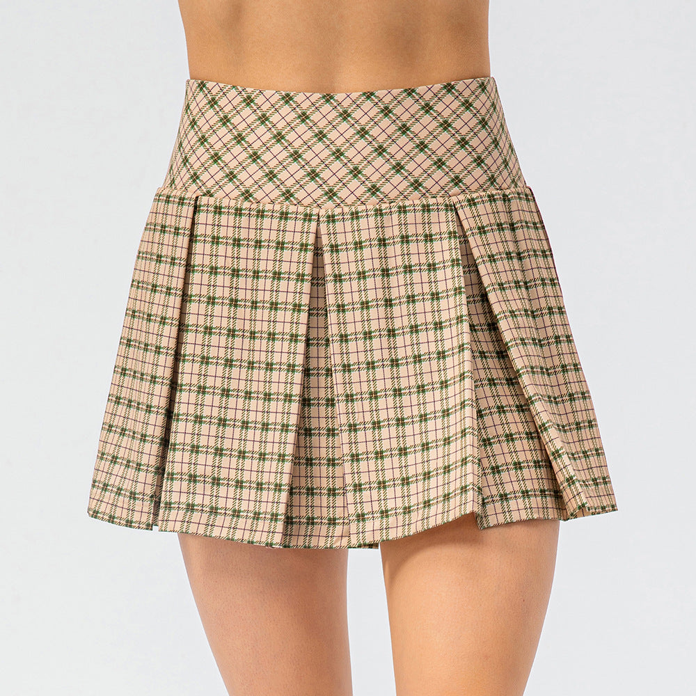 Spring Summer Plaid Exercise Skirt Outdoor Running Tennis Culottes Faux Two-Piece Yoga Culottes Pleated Skirt