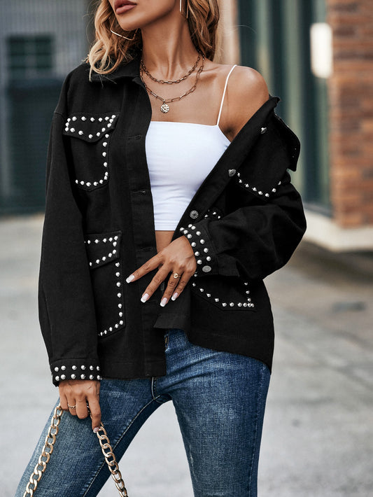 Women Clothing Beaded Fashionable Loose All Match Denim Jacket