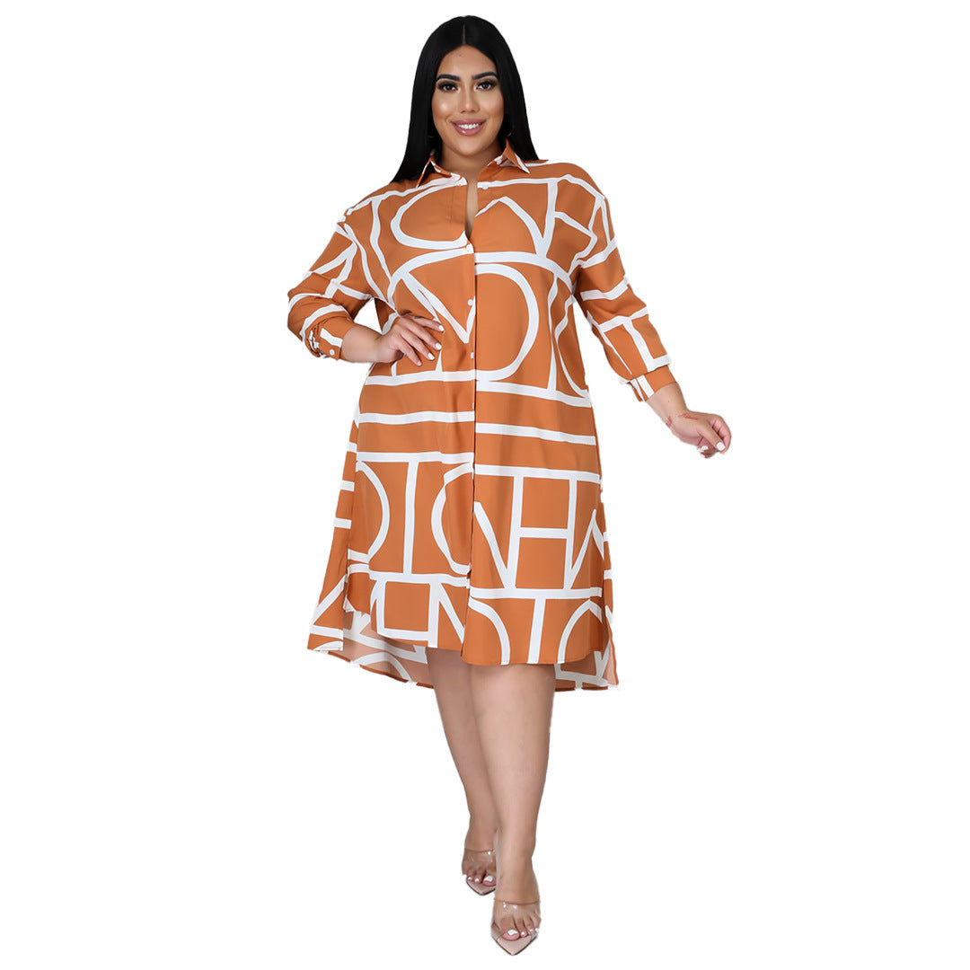 Plus Size Printing Pleating Waist Shirt Dress for Women