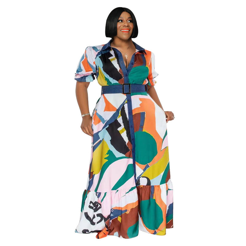 Plus Size Summer Color Printing with Belt Loose Women Clothing Dress