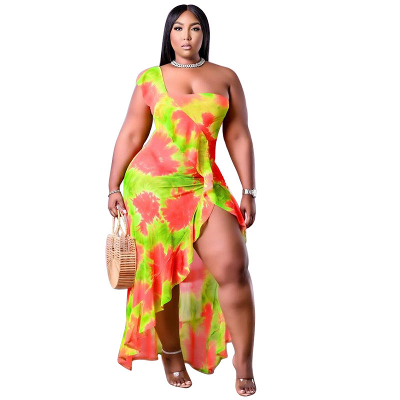 Grande taille femmes vêtements d'été à manches simples irrégulière asymétrique imprimé jupe à volants robe bord