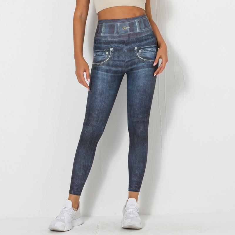 Nouvelle impression numérique Denim bleu serré haute élastique séchage rapide pantalons de yoga sport course pantalons de fitness pour les femmes
