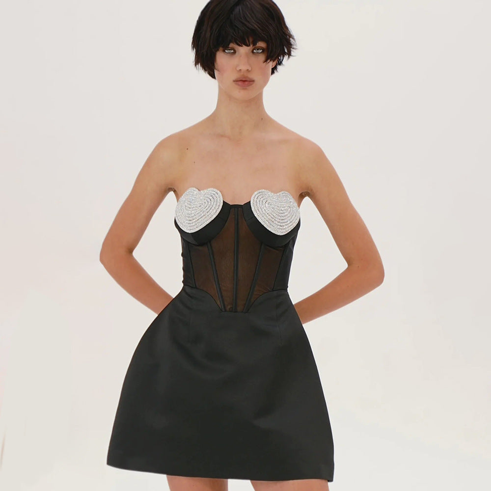 Sexy Peach Heart Drilling a Swing Strapless Dress Autumn Mesh See through Backless Dress