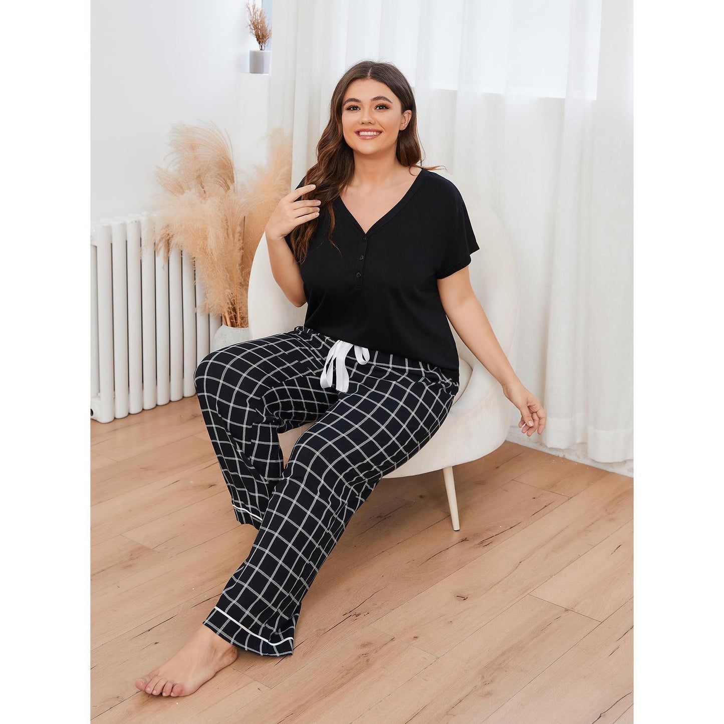 Plus Size Pajamas Women Spring Summer Short Sleeved Trousers Homewear