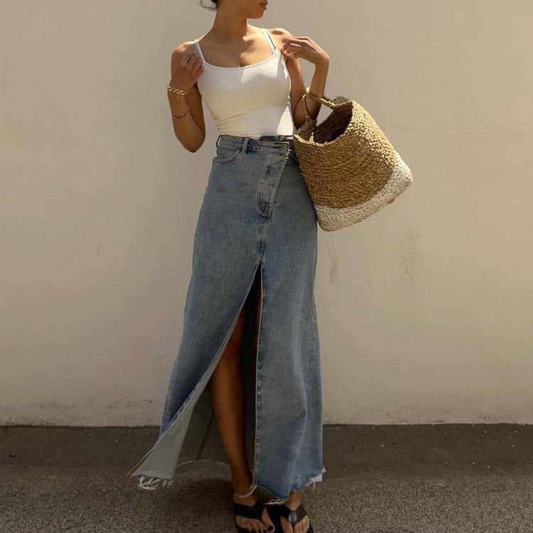 Women Clothing Skirt ong High Waist Slit Vintage Denim Skirt Hip Skirt