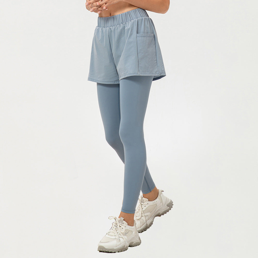 Women Faux Two Piece Yoga Trousers High Waist Hip Lift Fitness Pants Pocket Loose Breathable Running Workout Pants