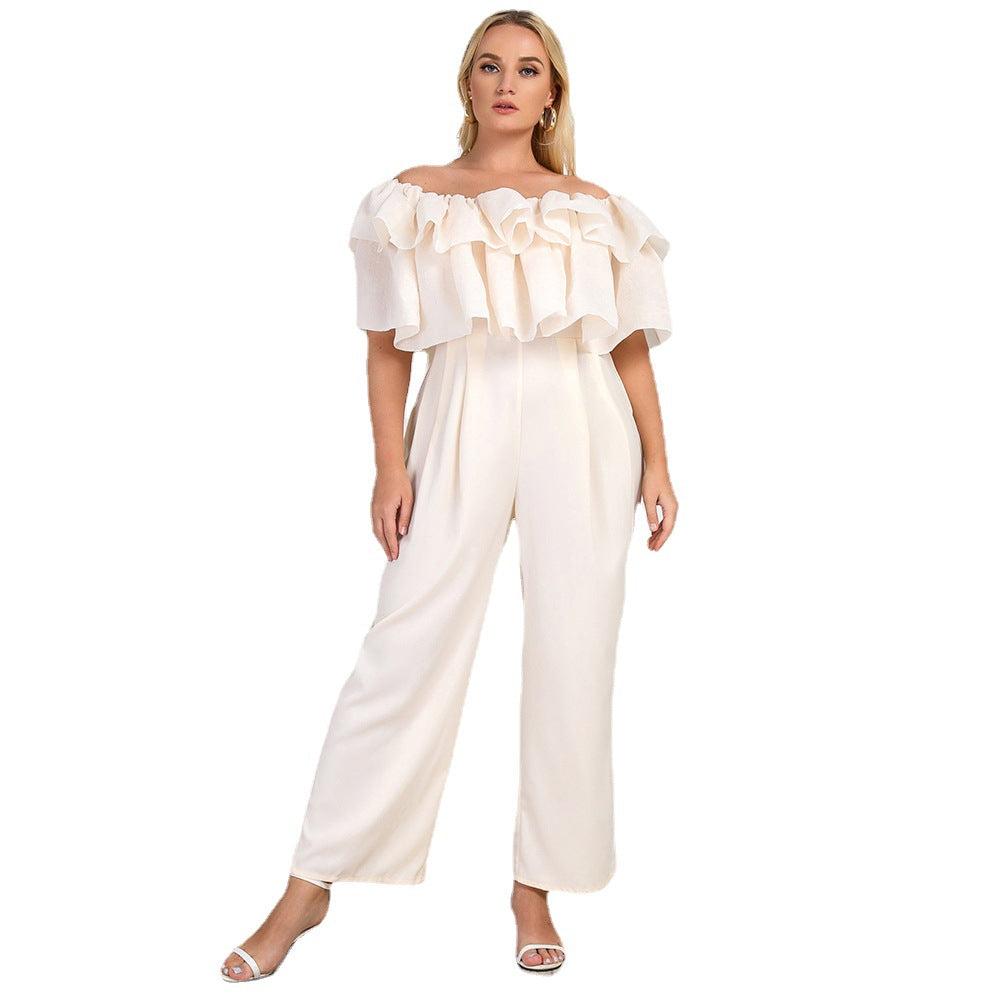 Grande taille femmes vêtements été nouveau Lotus Edge hors épaule solide jambe droite bureau pantalon décontracté combinaison