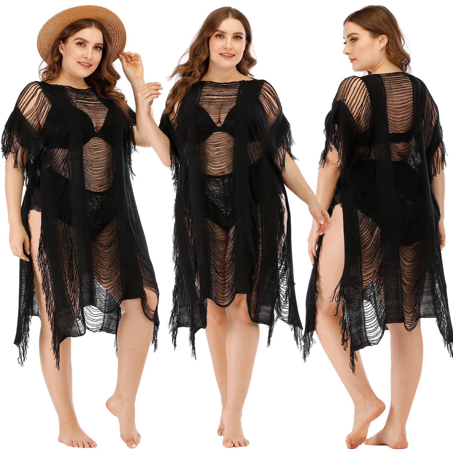 Plus Size Women Clothing Sexy Hollow Out Cutout Split Irregular Asymmetric Beach Bikini Cover-up Dress