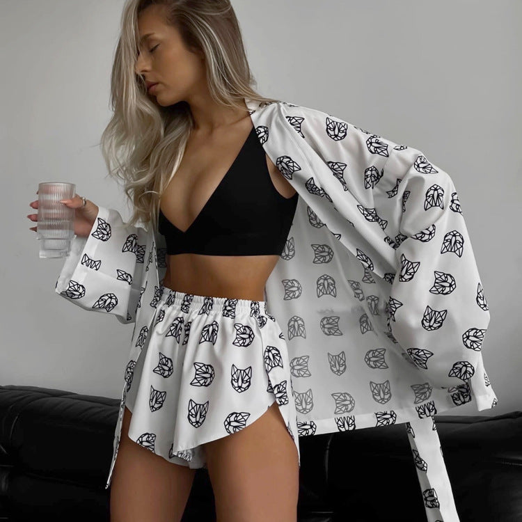 Lâche femmes imprimé porter décontracté à lacets pyjama à manches longues taille haute Shorts costume maison porter