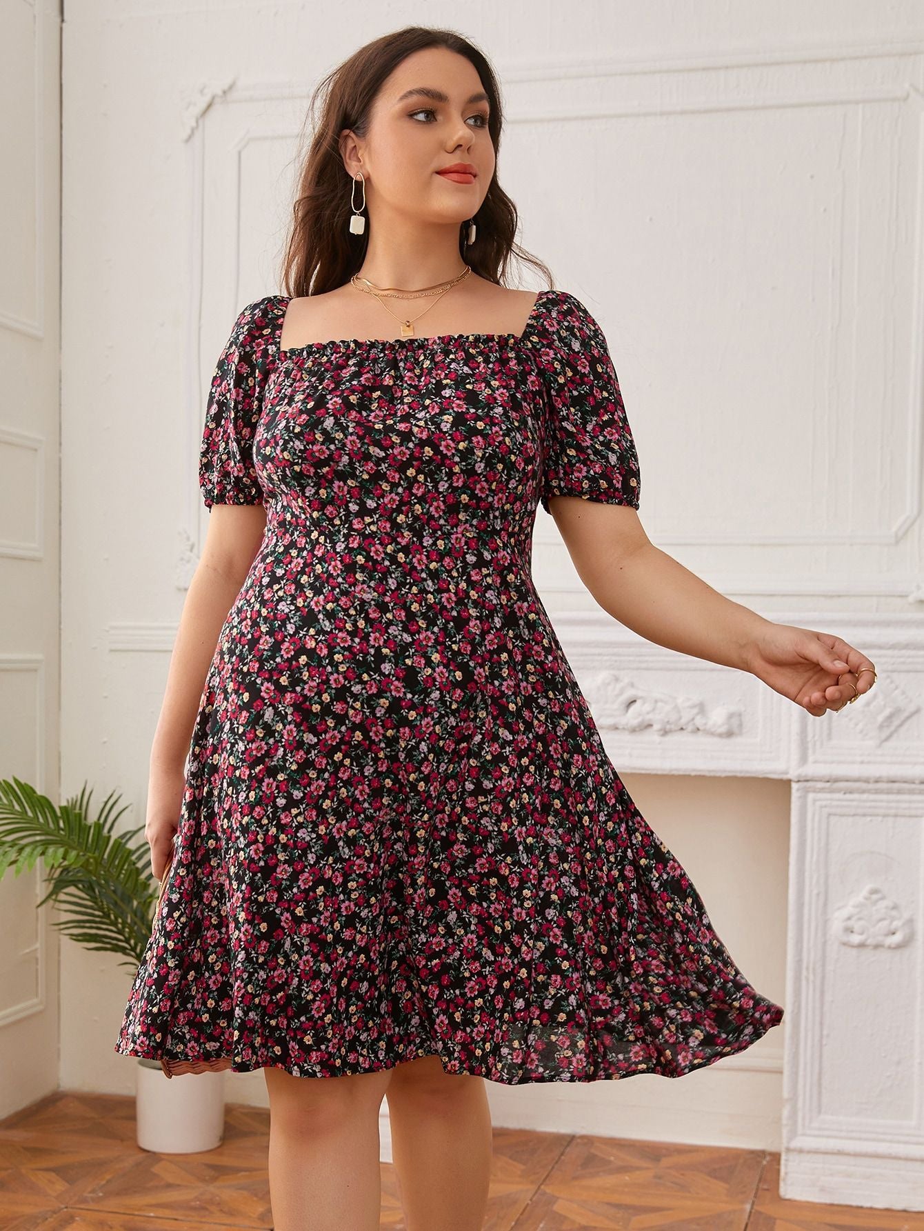 Plus Size Summer Sweet Square Collar Backless Floral Dress Boho Bohemian Vacation Dresses