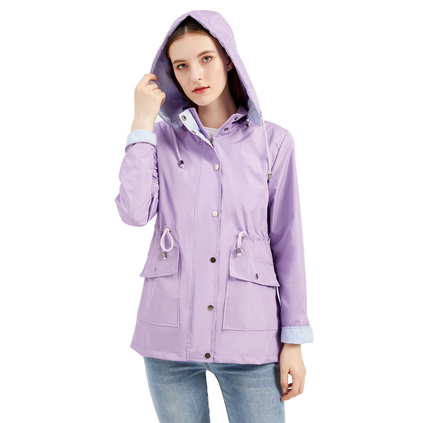 Detachable Hat Windbreaker Women Women Clothing Striped Inner Coat Plus Size Women