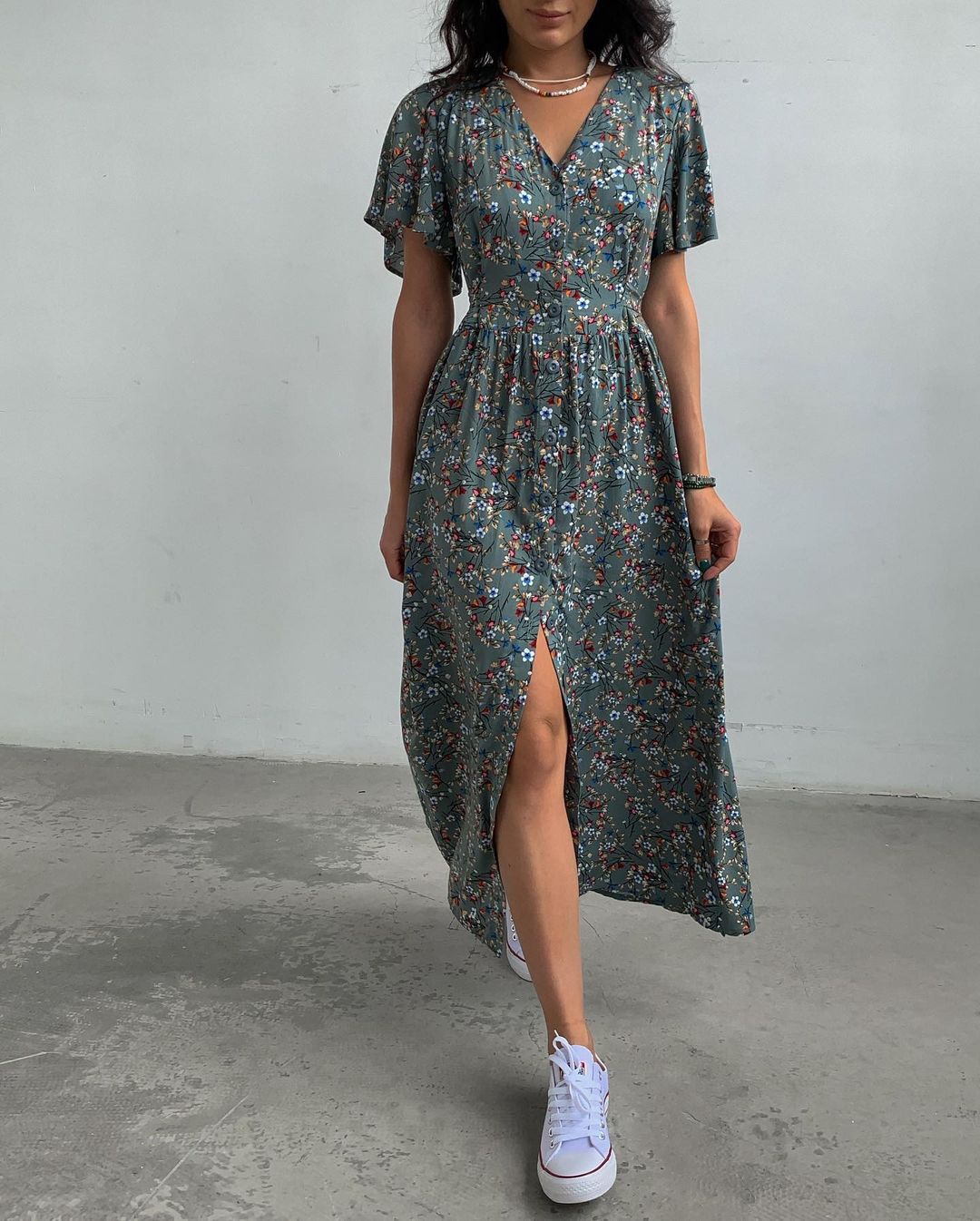Robe à fleurs fendue à taille mi-longue printemps-été
