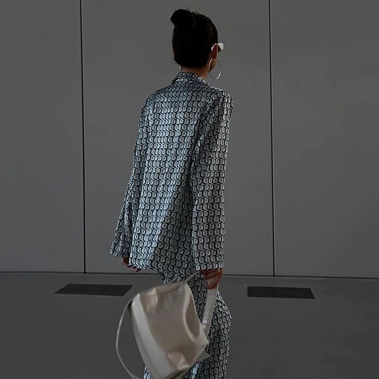 Women Clothing Long Sleeve Collared Bootleg Pants Printing Suit Street Matching Street
