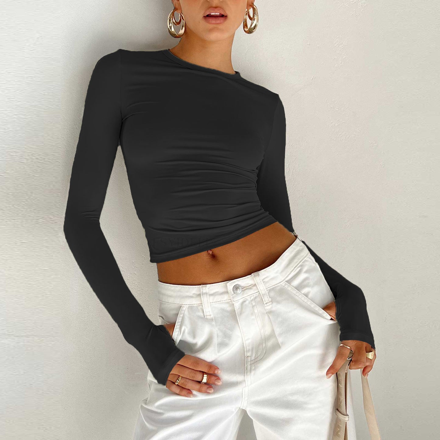 Vêtements pour femmes couleur unie bas col rond t-shirt Sexy Slim Fit minceur manches longues haut t-shirt
