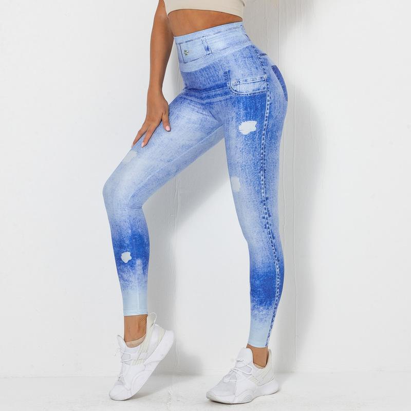 Nouvelle impression numérique Denim bleu serré haute élastique séchage rapide pantalons de yoga sport course pantalons de fitness pour les femmes
