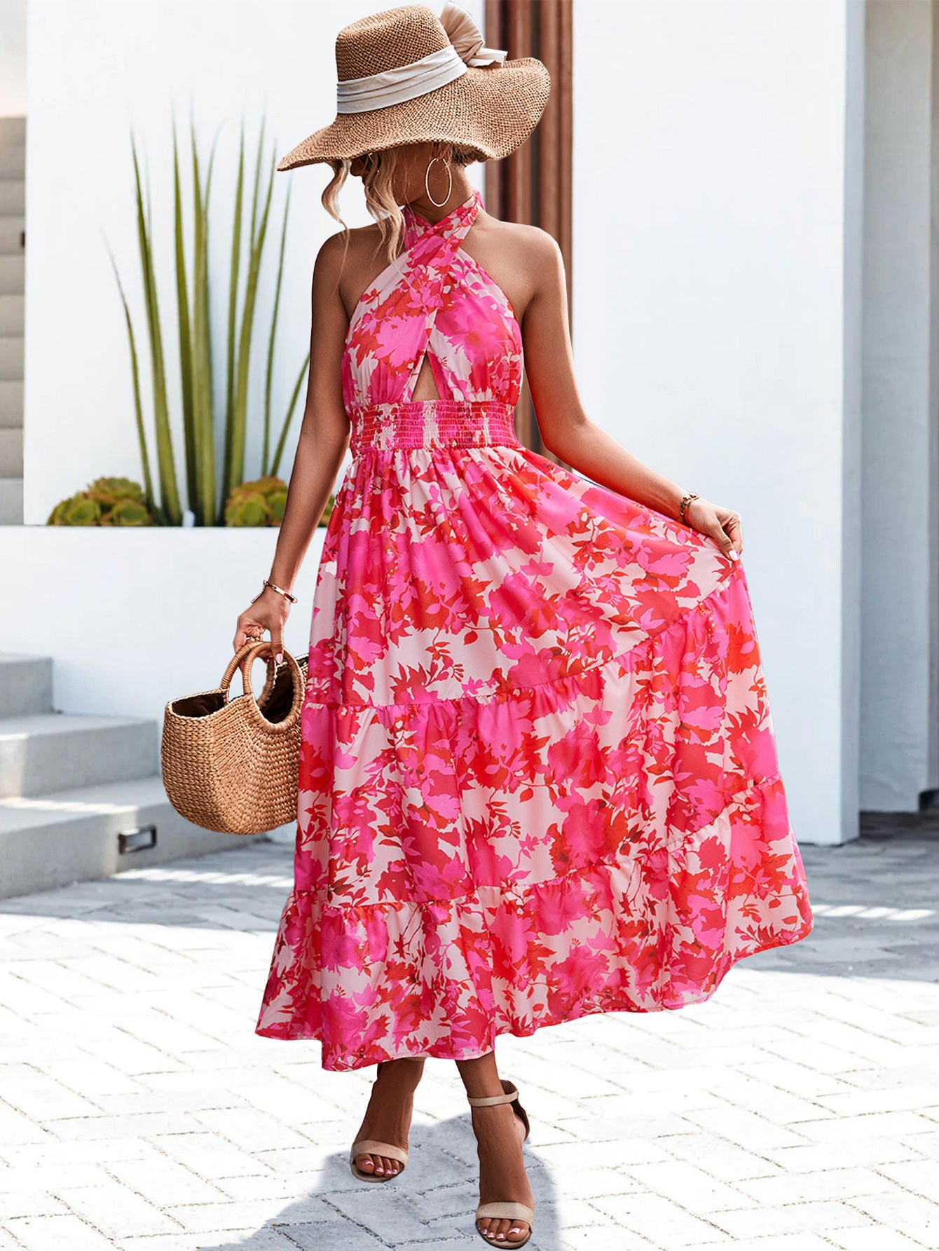 Robe d'impression à bretelles dos nu sexy printemps été