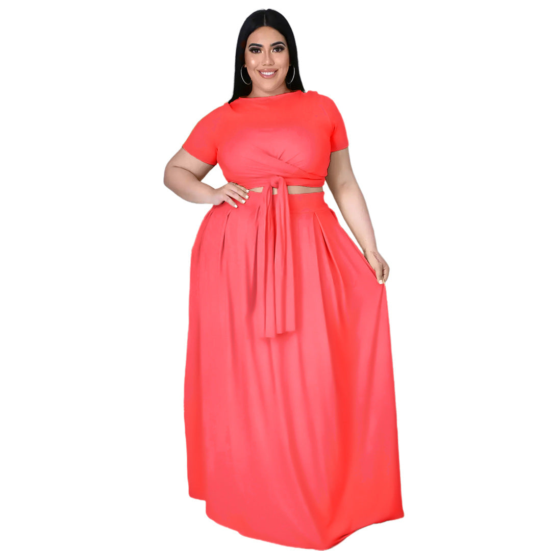 Plus Size Plus Size Women Solid Color Criss Cross Lace-up Large Swing Skirt Two-Piece Suit
