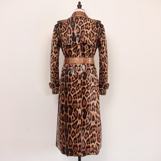 Goods Snakeskin Leopard Print Long Trench Coat Goddess Long Sleeve Leather Jacket Women Overcoat