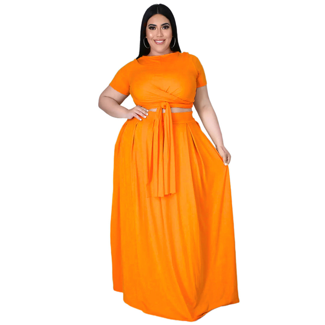 Plus Size Plus Size Women Solid Color Criss Cross Lace-up Large Swing Skirt Two-Piece Suit