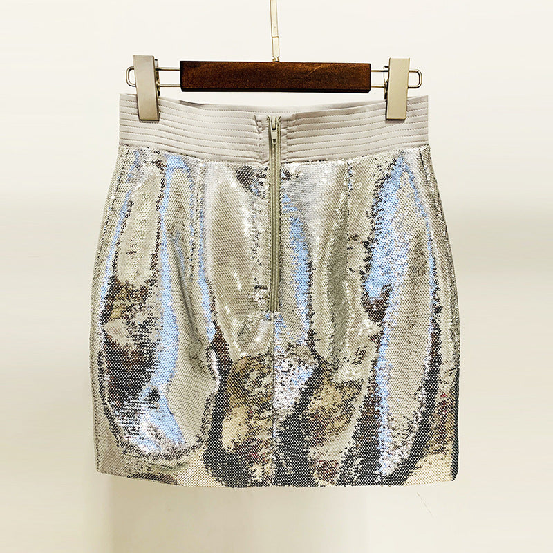 Metallic Coated Fabric Goods Personality Bling Bling Shiny Sequ Short Suit Mid Length Skirt Set Two Piece Set