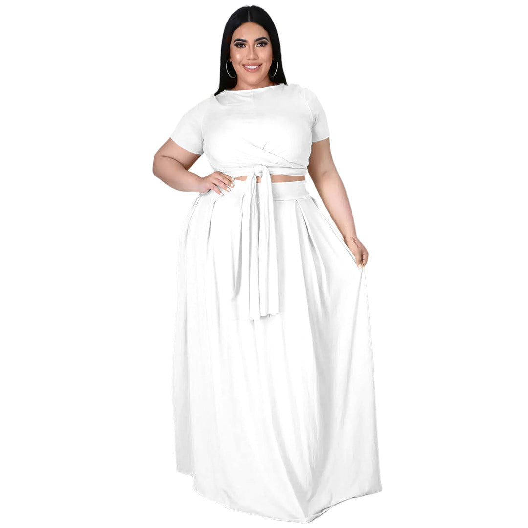 Plus Size Plus Size Women Solid Color Criss Cross Lace-up Large Swing Skirt Two-Piece Suit