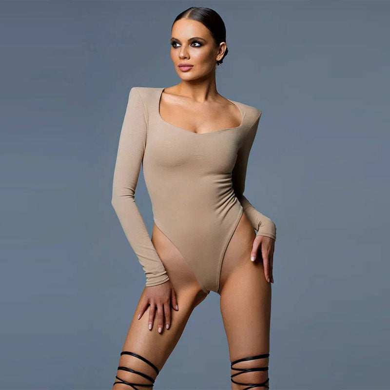 Popular Street Long Sleeve Low Neck Tight Jumpsuit T shirt Women Top