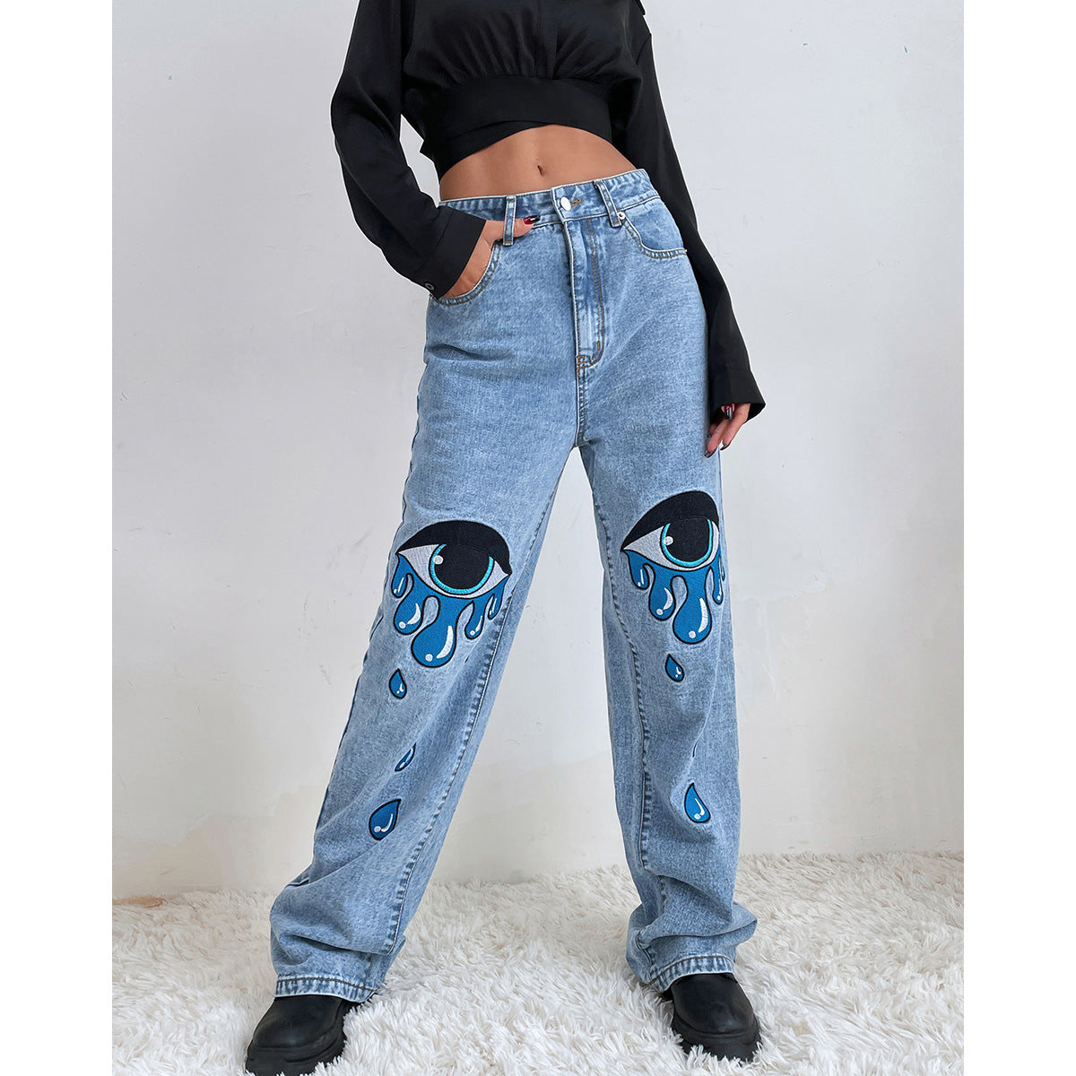 Vêtements pour femmes Pantalon en denim à jambe droite taille haute imprimé personnalisé sexy