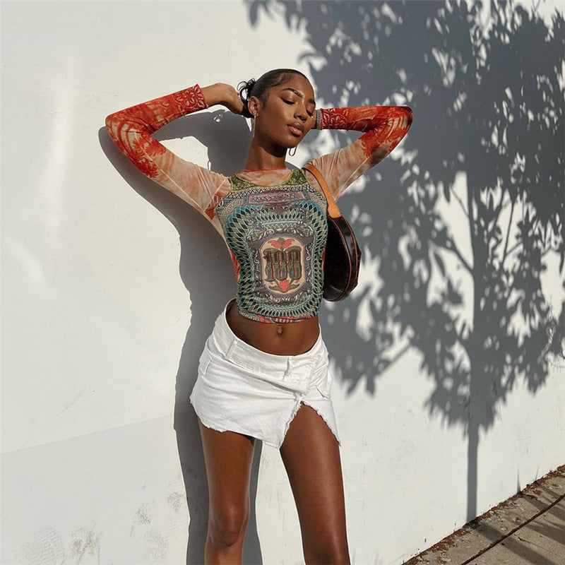 Abbigliamento donna Stampa girocollo Street Hipster Mesh Top a maniche lunghe in contrasto di colore