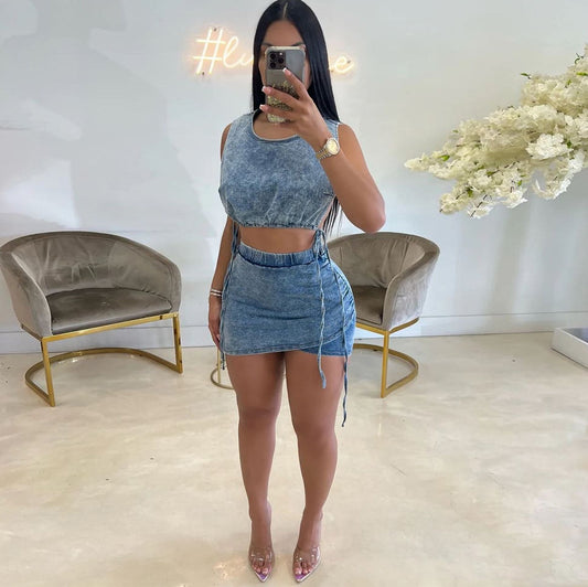 Vest Short Skirt Stretch Two Piece Sexy Denim Women Wear