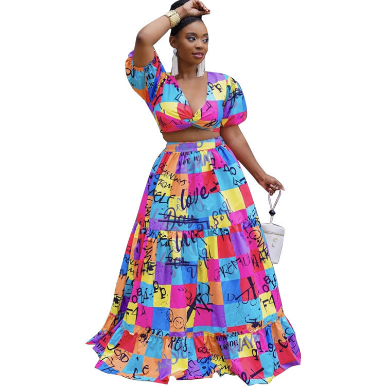 Plus Size Women Clothing Two-Piece Suit Wrapped Chest Vest Swing Skirt