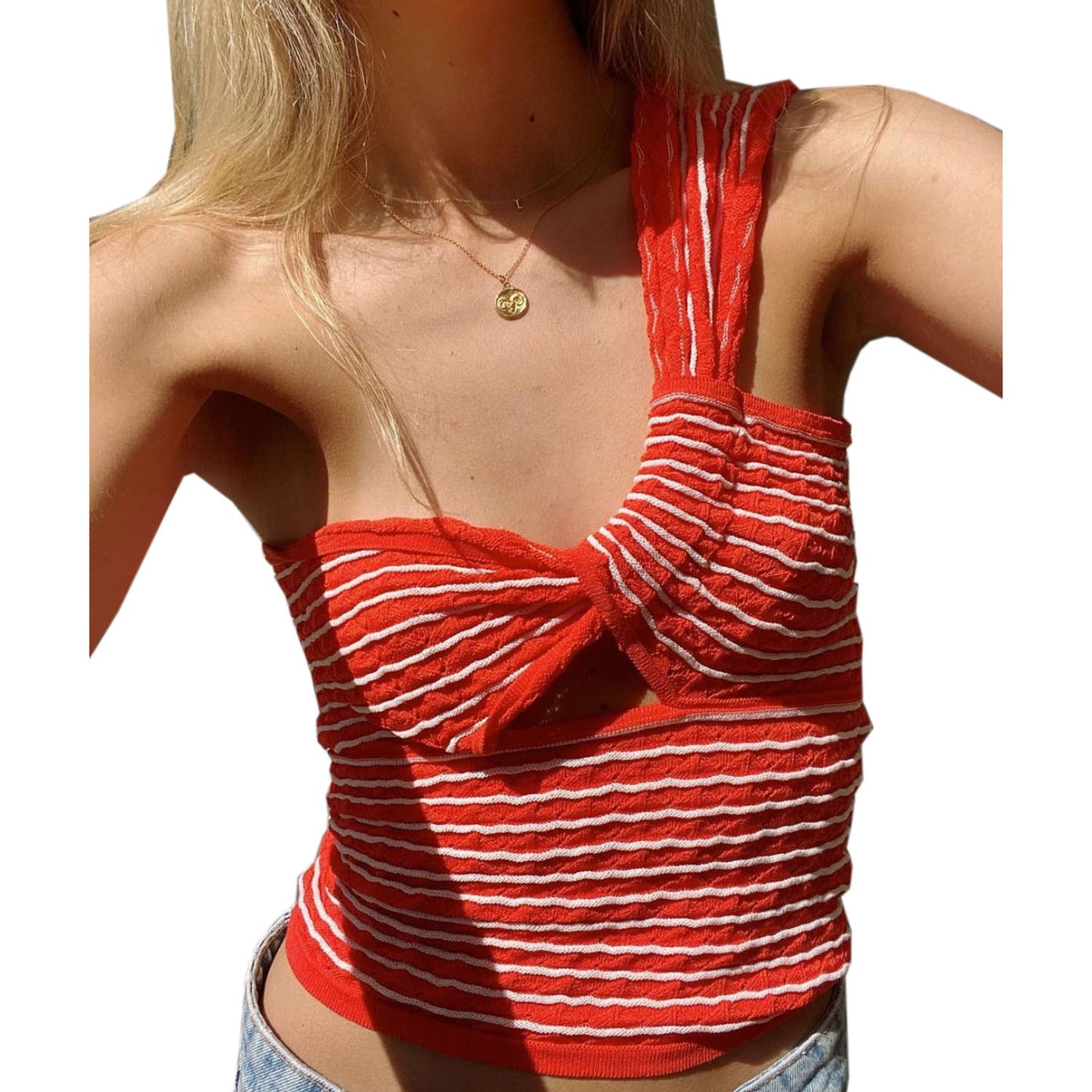 Printemps été meilleures femmes vêtements rayé simple épaule tricoté gilet en laine torsadé