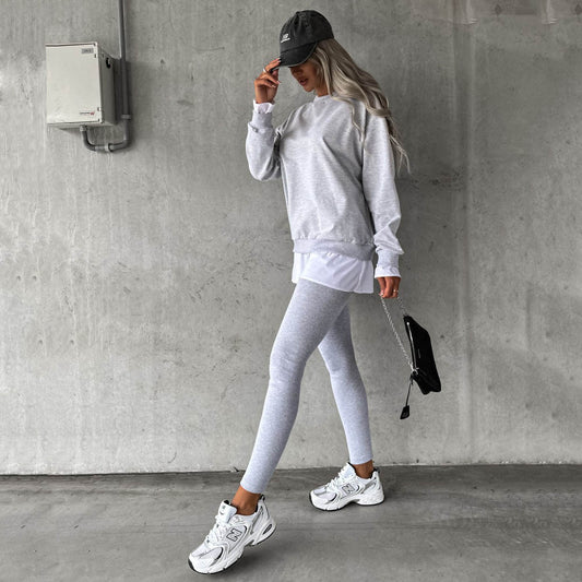 Women Clothing Autumn Winter Two Piece Suit Faux Two Pieces Casual Long Sleeve Sweatshirt Tops Rib Tight Trousers Suit for Women