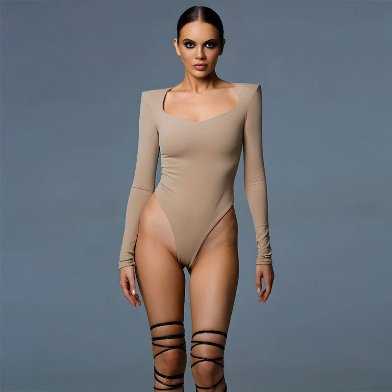 Popular Street Long Sleeve Low Neck Tight Jumpsuit T shirt Women Top
