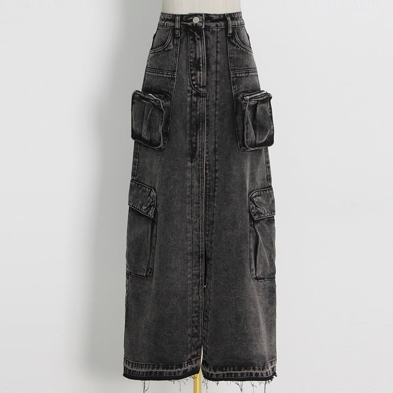 Hipsters High Street taille haute longue droite devant fente conception Denim couleur unie femmes jupe