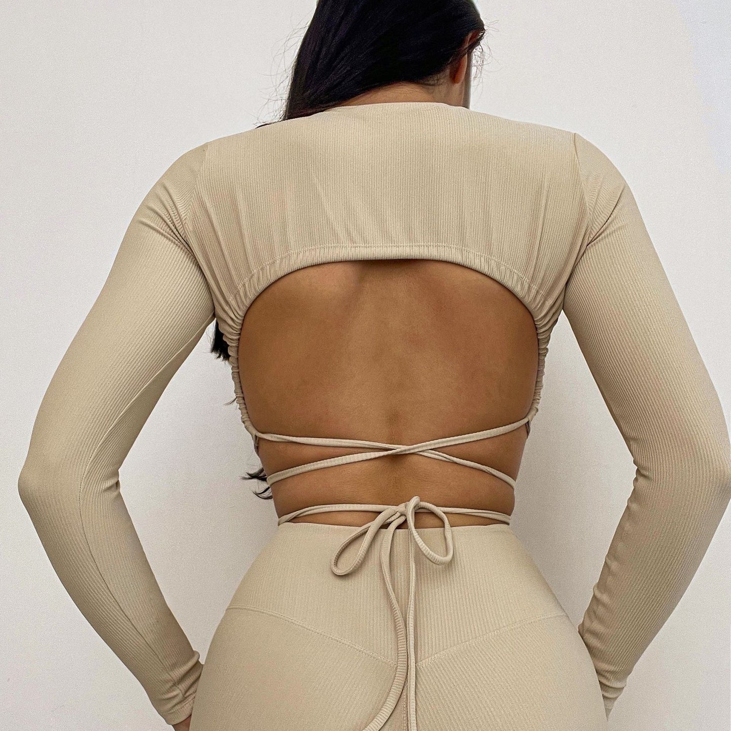 Yoga Clothes Rib Sports Bra Drawstring Long Sleeve Yoga Wear CrissCross Waist Head Yoga Pants Side Open Bell-Bottom Pants